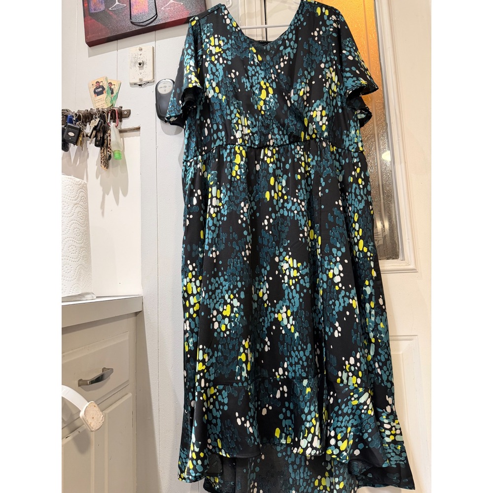 Torrid Womens Plus Size 3 Teal Yellow Abstract Faux Wrap High Low Ruffle Dress
